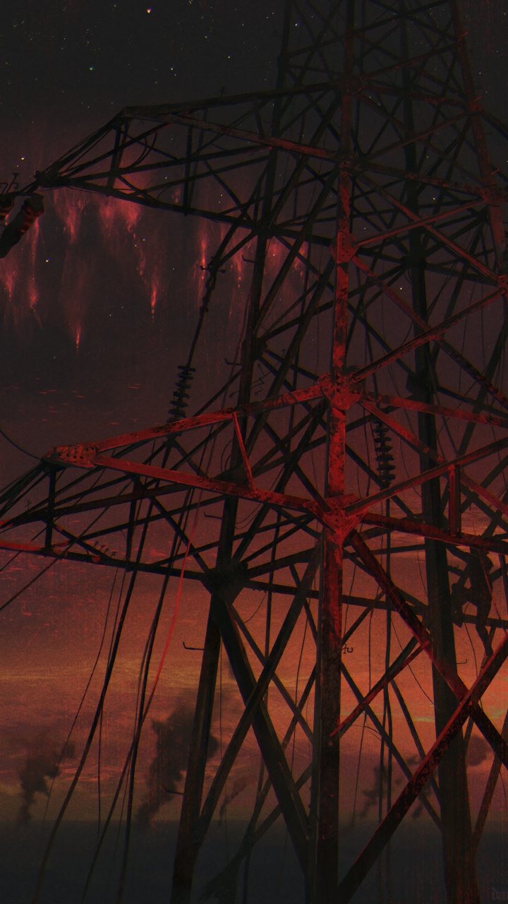 Обои арт, красный цвет, электричество, воздушной линии электропередач, электроснабжение в разрешении 720x1280