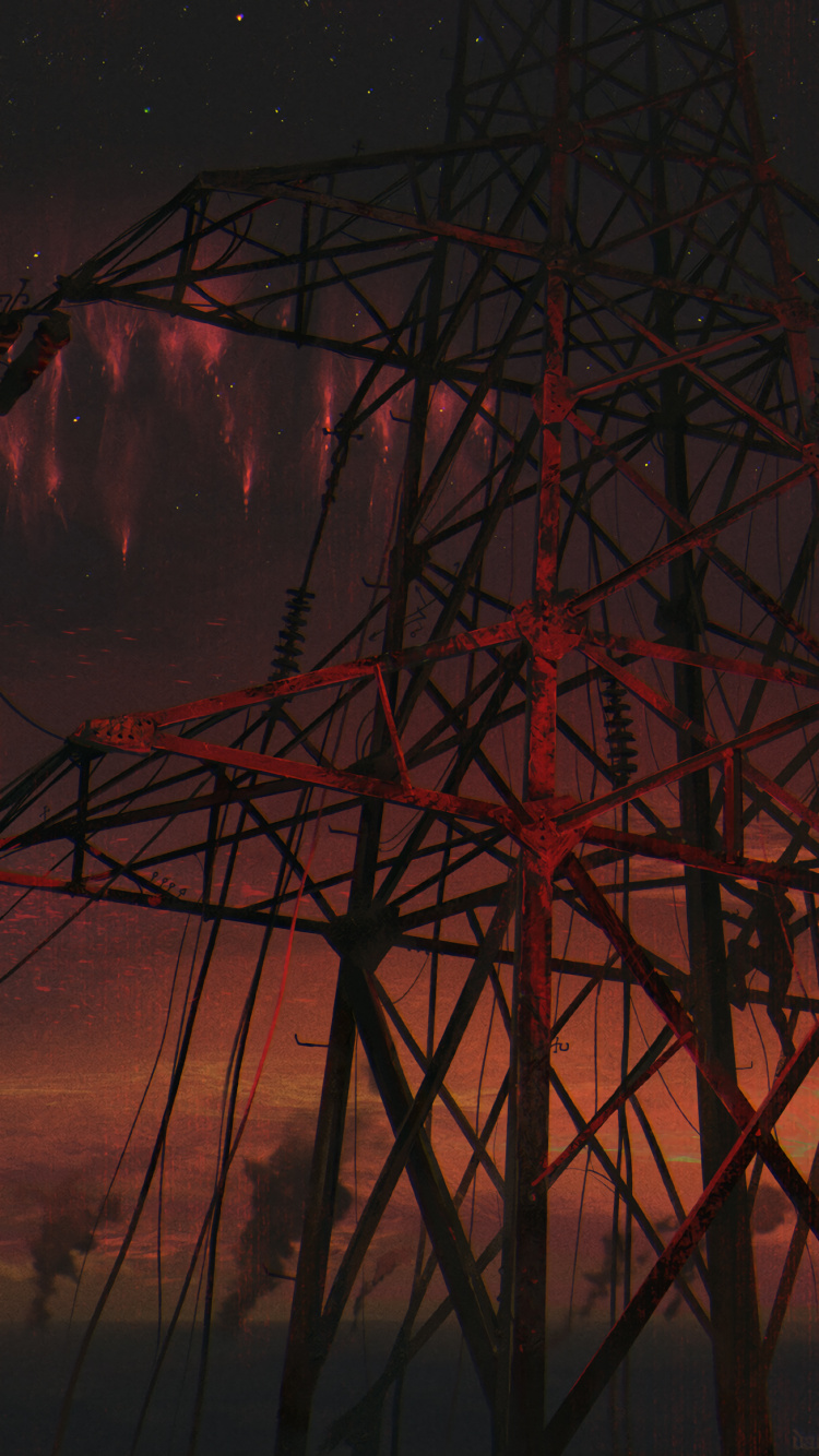Обои арт, красный цвет, электричество, воздушной линии электропередач, электроснабжение в разрешении 750x1334