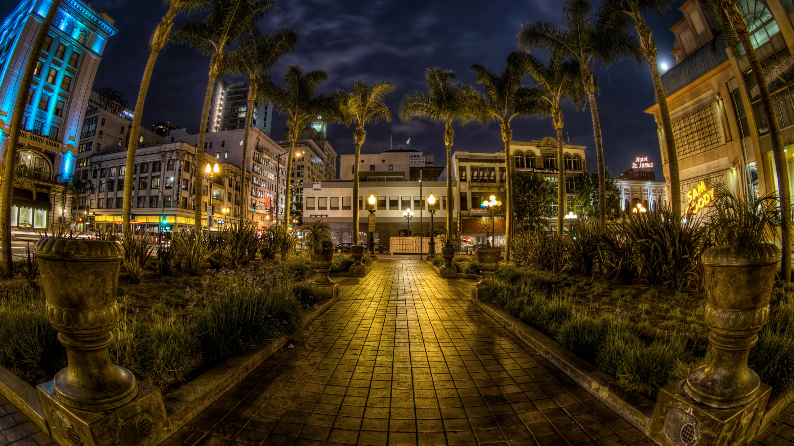 Обои Сан Диего, ночь, объектив fisheye, архитектура, освещение в разрешении 2560x1440