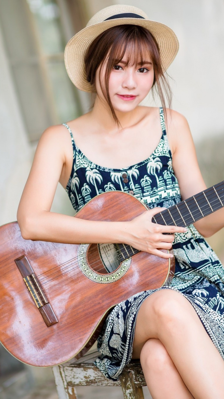 Обои красота, гитара, нога, платье, леди в разрешении 750x1334