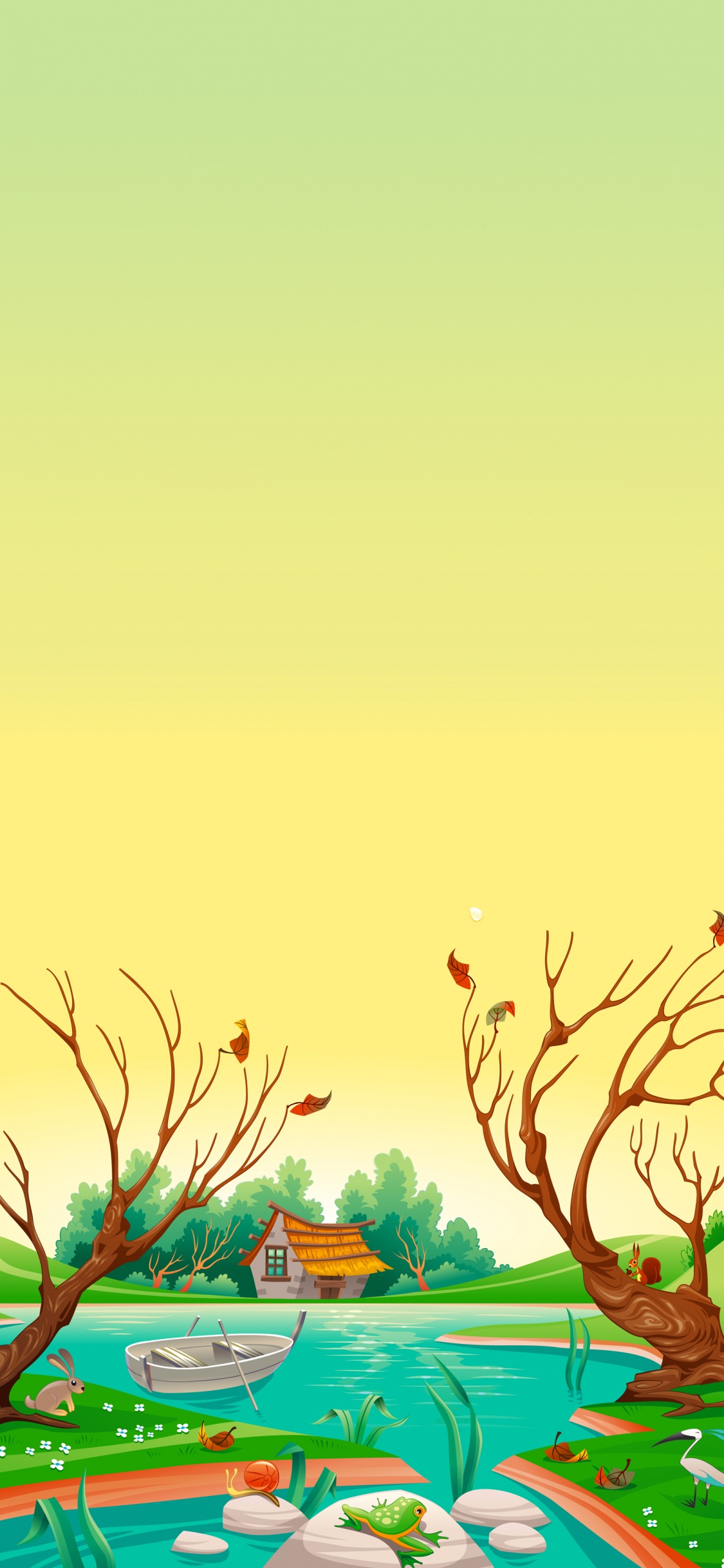 Обои векторная графика, пейзажная живопись, мультфильм, иллюстрация, пейзаж в разрешении 1125x2436