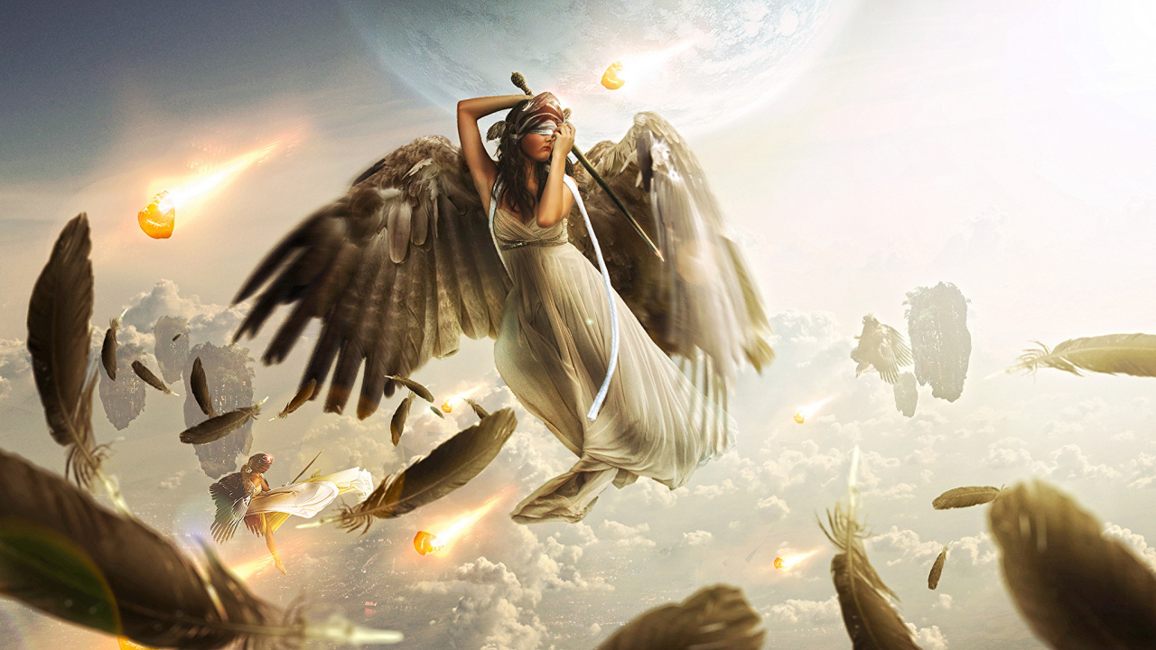 Обои ангел, иллюстрация, крыло, мифология, небо в разрешении 1280x720
