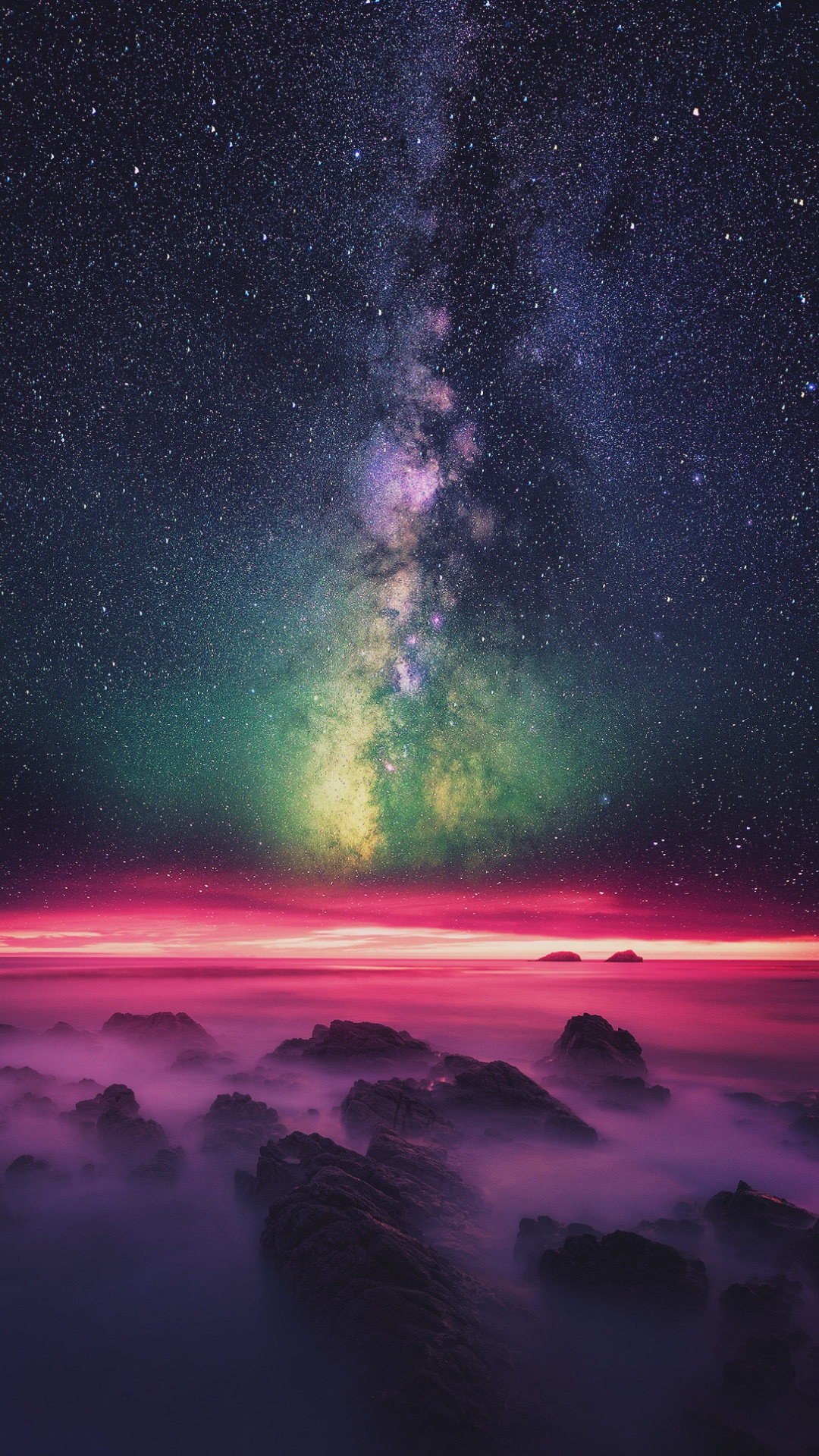 Обои Млечный Путь, природа, Аврора, атмосфера, горизонт в разрешении 1080x1920