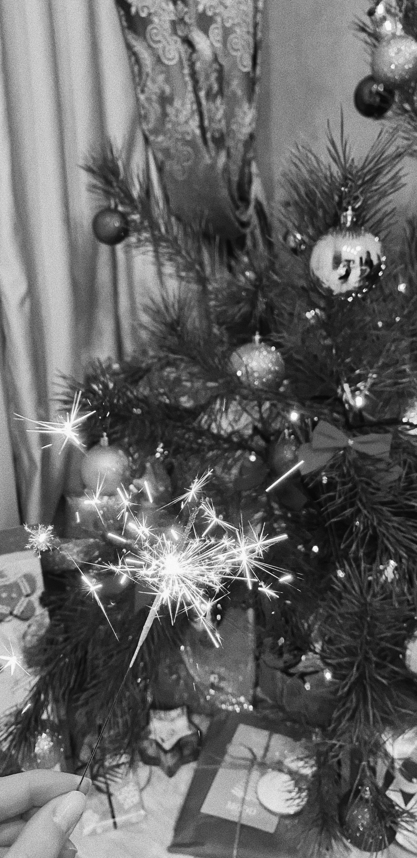 Обои елка, Рождественский день, черный и белый, Рождественские украшения, пихта в разрешении 1440x2960