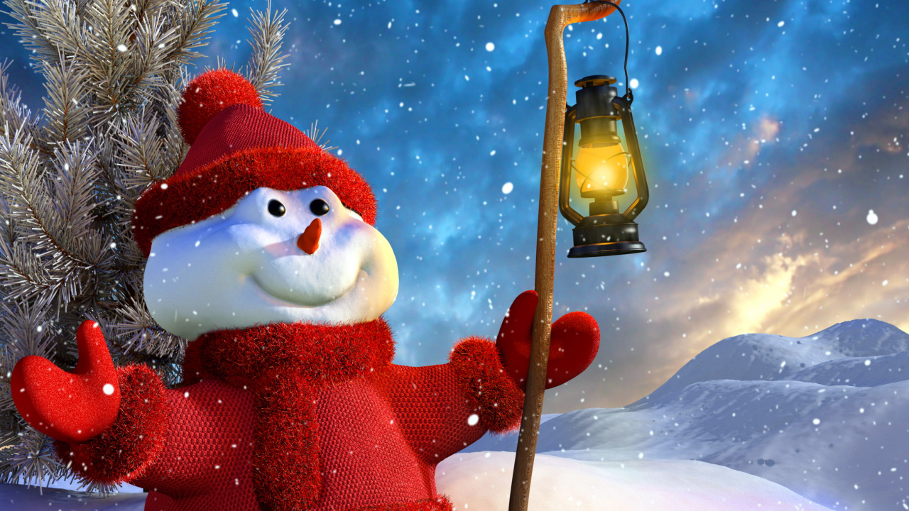 Обои Рождественский день, Снеговик, праздник, Санта-Клаус, снег в разрешении 1280x720
