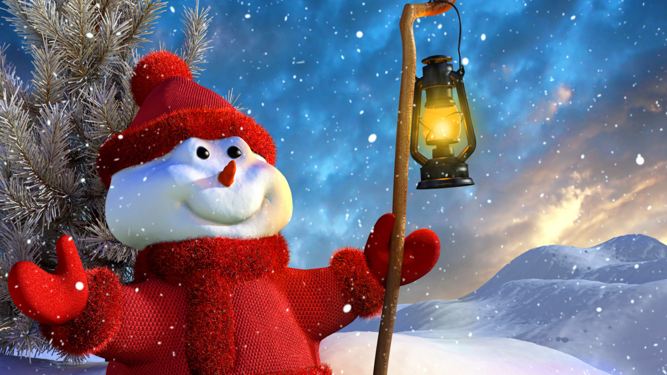 Обои Рождественский день, Снеговик, праздник, Санта-Клаус, снег в разрешении 1366x768