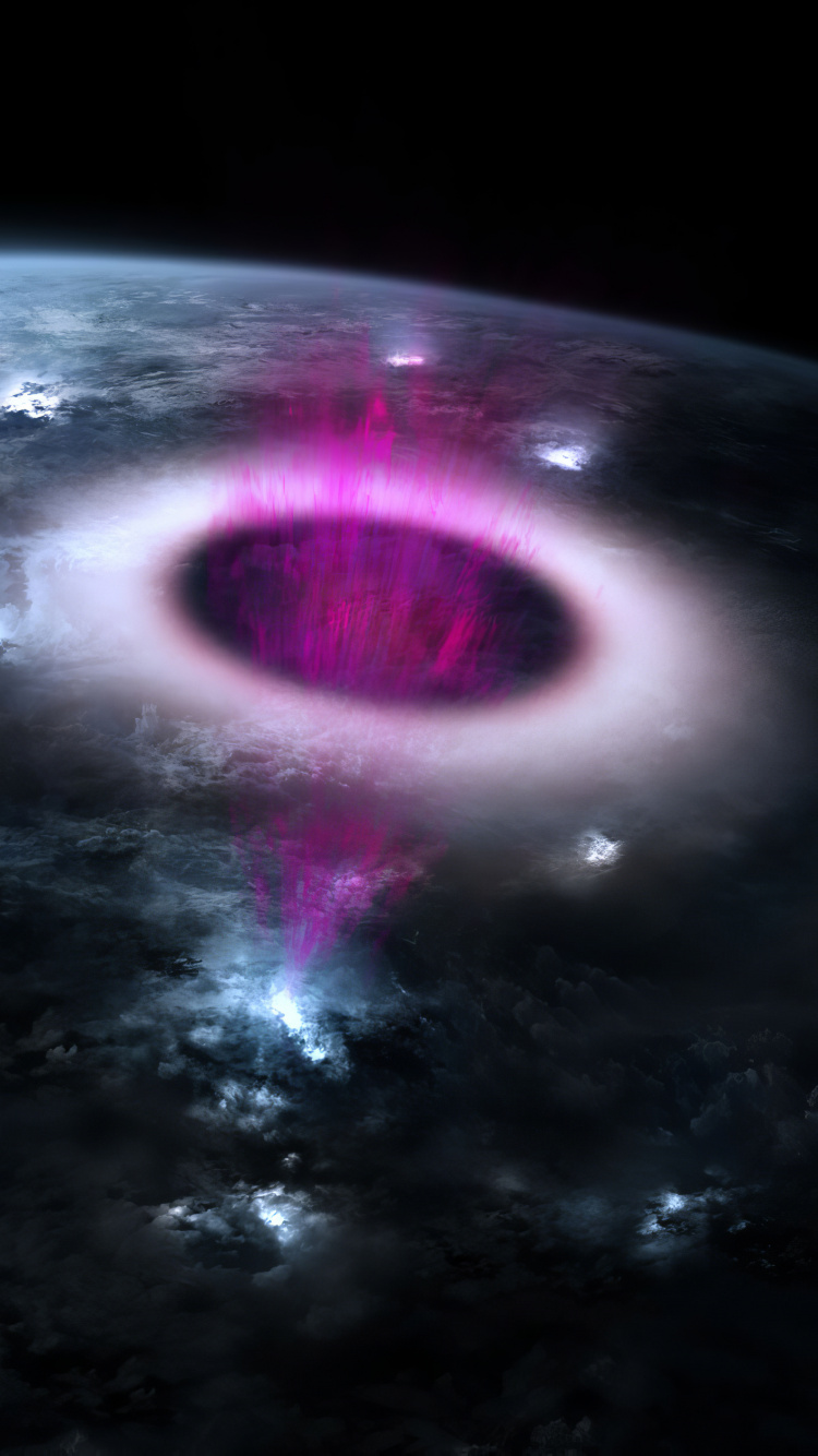 Обои атмосфера, атмосфера земли, молния в верхних слоях атмосферы, земля, космос в разрешении 750x1334