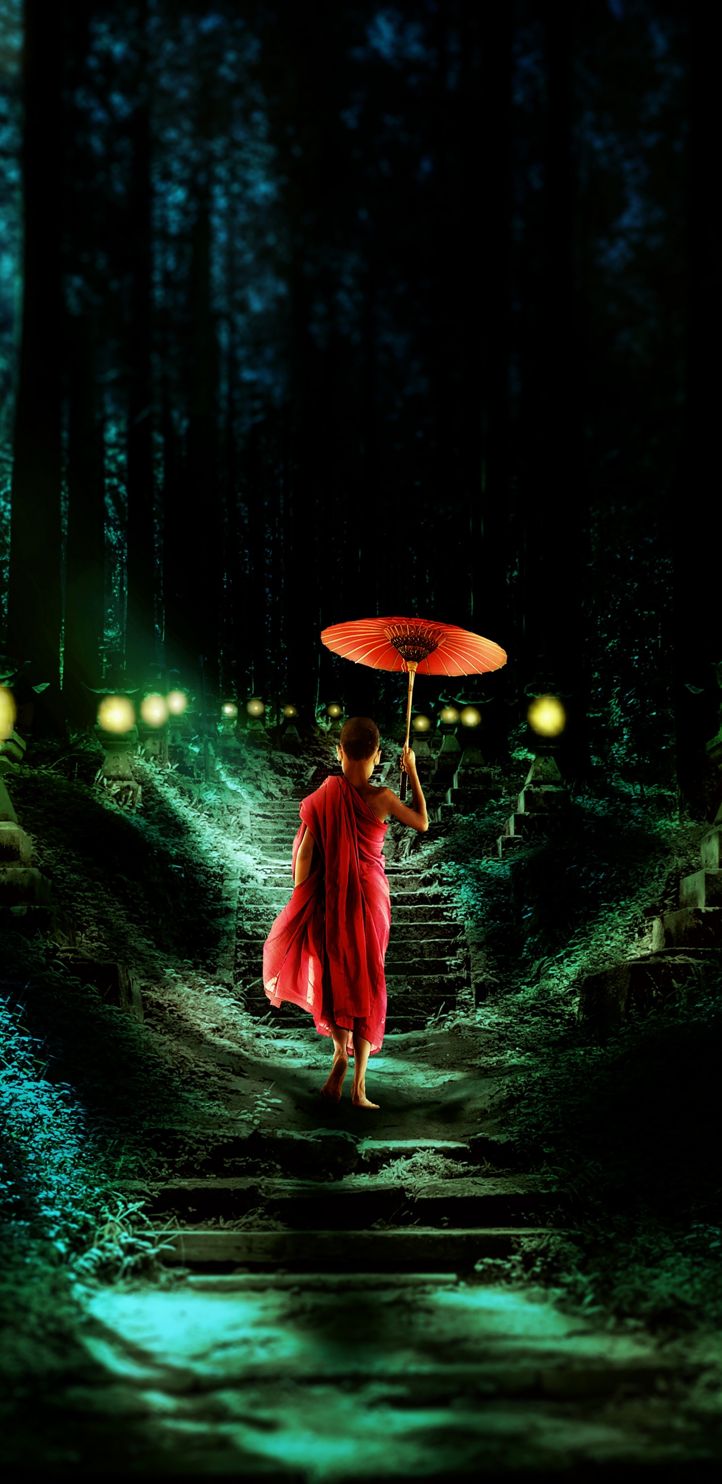 Обои монах, темнота, свет, красный цвет, зеленый в разрешении 1440x2960