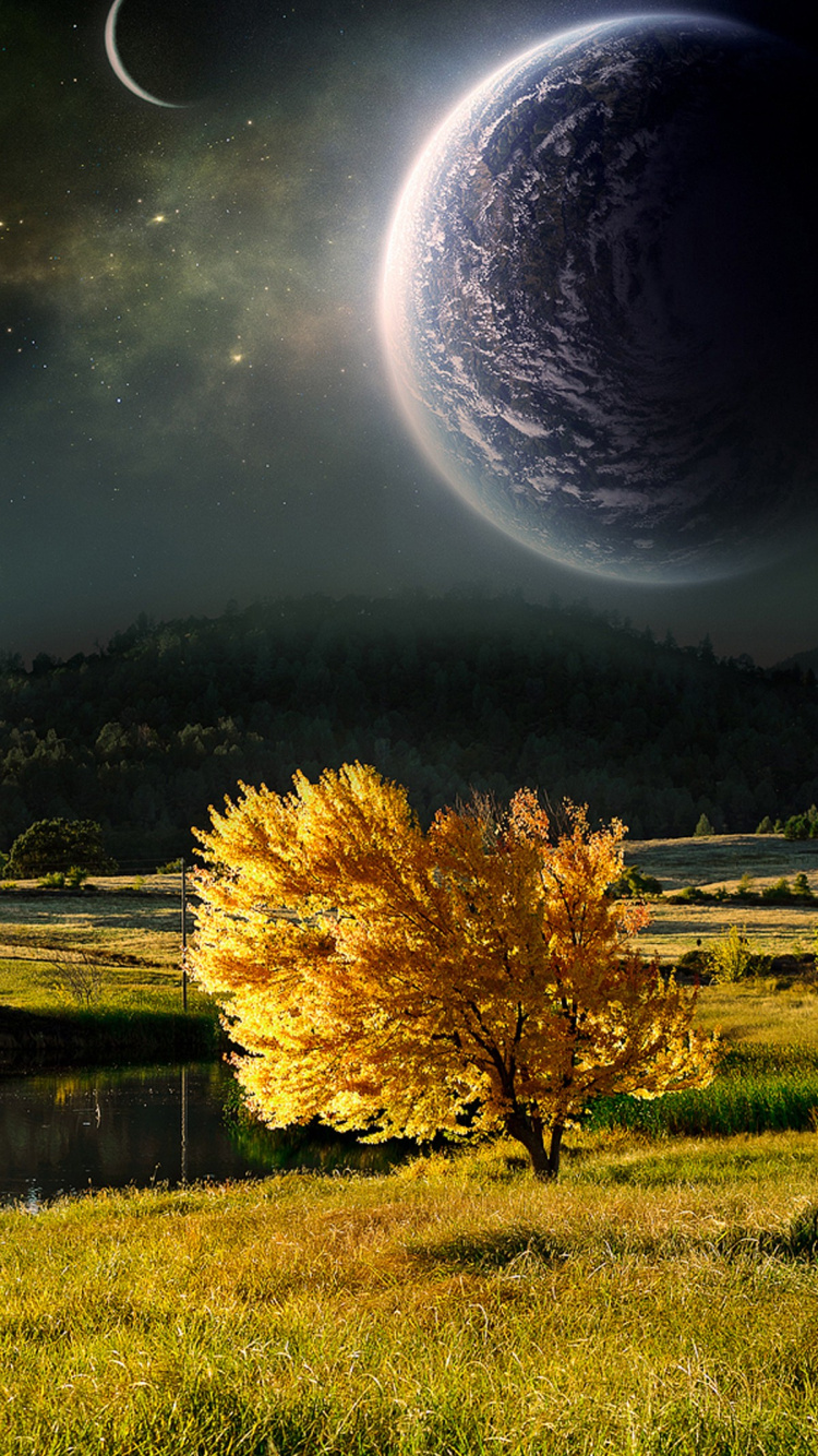 Обои природный ландшафт, цифровое искусство, свет, атмосфера, иллюстрация в разрешении 750x1334