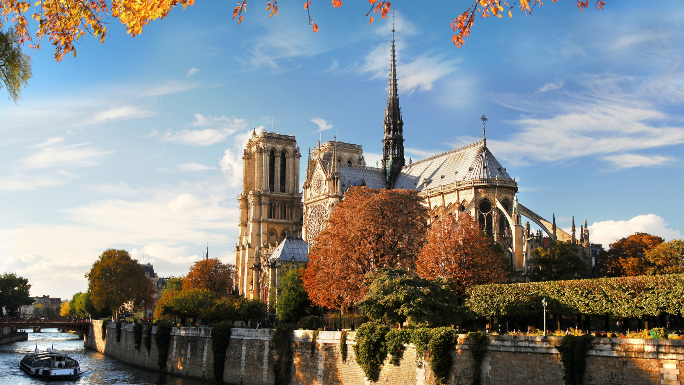 Обои НотрДам де Пари, сена, водный путь, церковь, достопримечательность в разрешении 1366x768