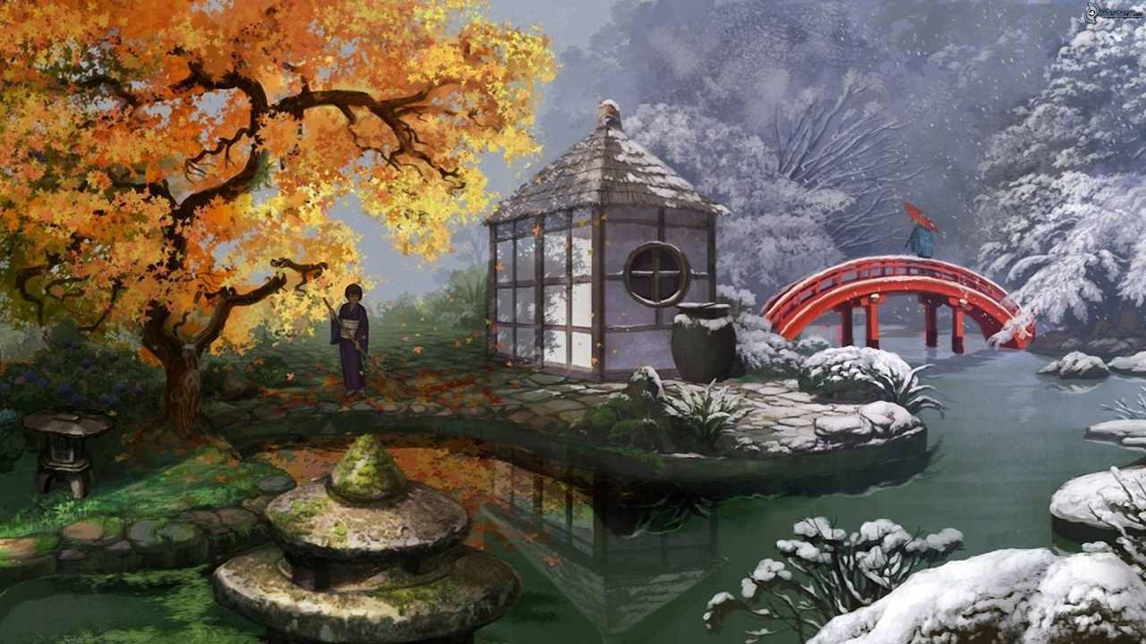 Обои природа, дерево, живопись, водоток, пейзаж в разрешении 1280x720