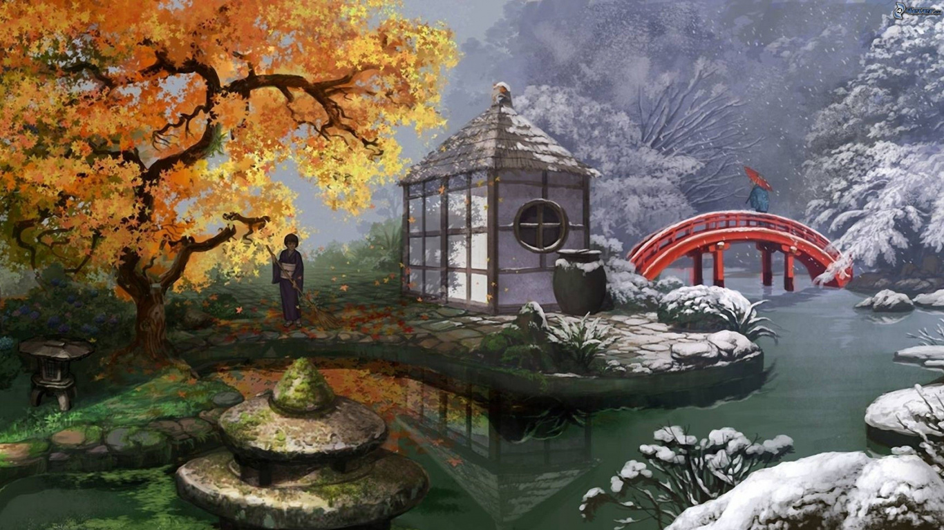 Обои природа, дерево, живопись, водоток, пейзаж в разрешении 1366x768