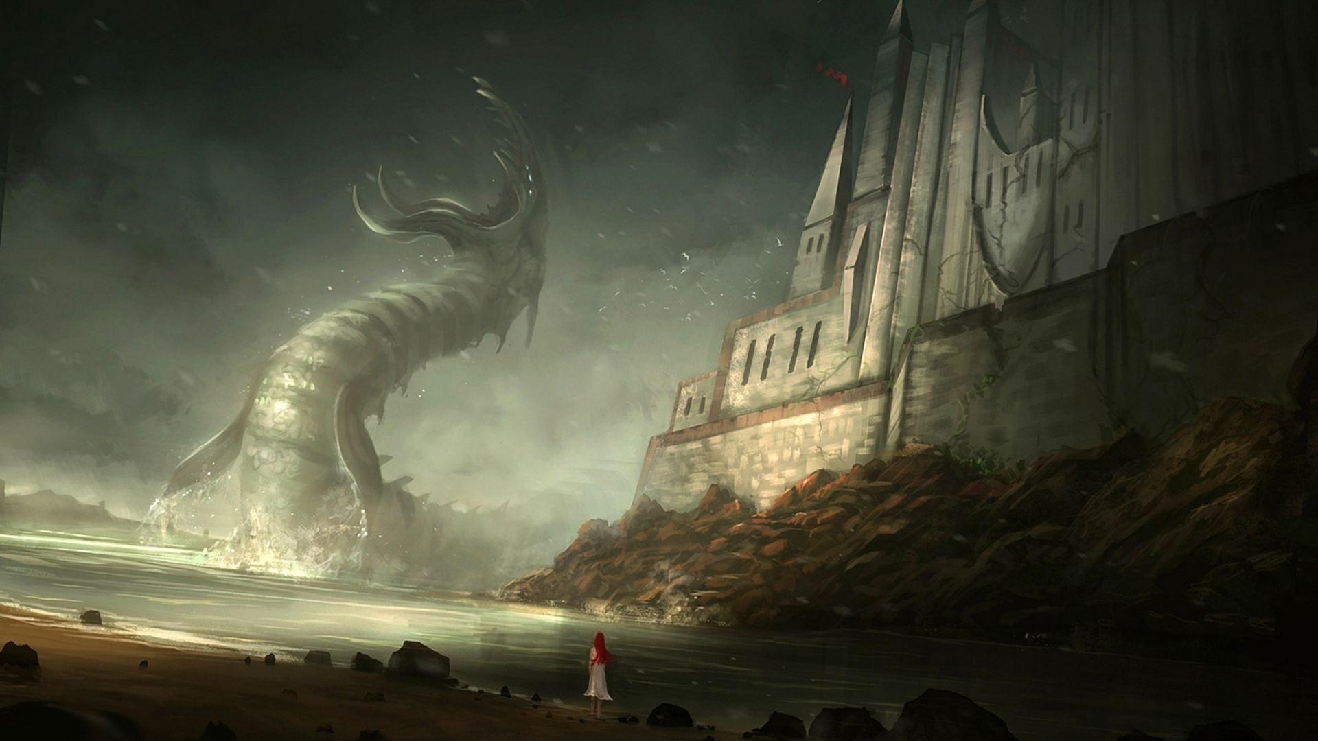 Обои Ктулху, атмосфера, темнота, пейзаж, рисование в разрешении 1920x1080