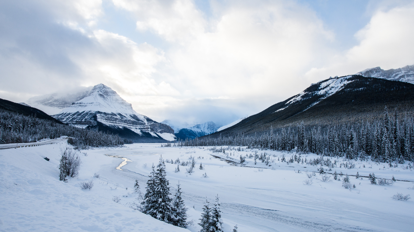 Обои гора, снег, природа, лыжи, живопись в разрешении 1366x768