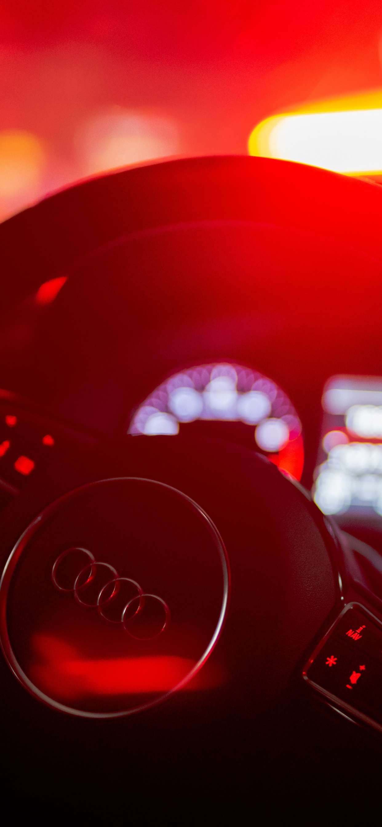 Обои рулевое колесо, свет, спидометр, красный цвет, автомобильное освещение в разрешении 1242x2688