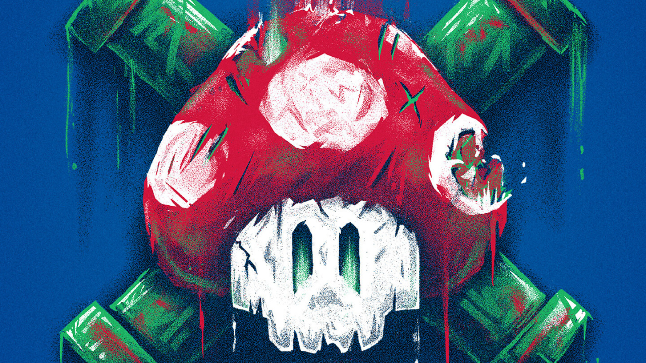 Обои марио грибной череп, футболка, Нинтендо, трубы основы, царство грибов в разрешении 1280x720