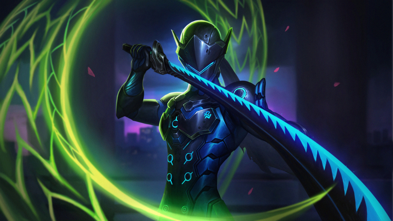 Обои Overwatch, Гэндзи, свет, иллюстрация, арт в разрешении 1366x768