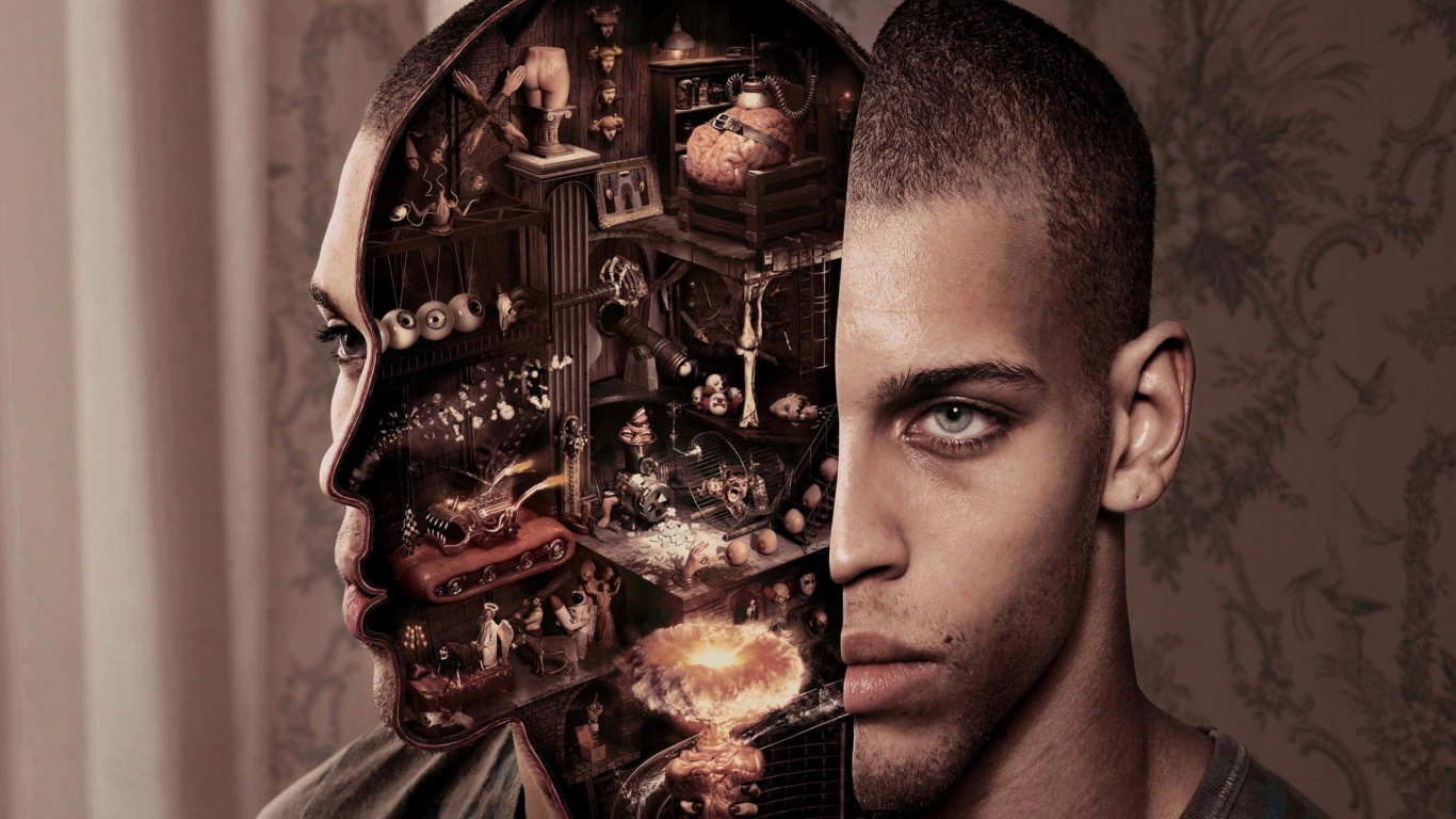 Обои киборг, робот, механизм, голова в разрешении 1366x768