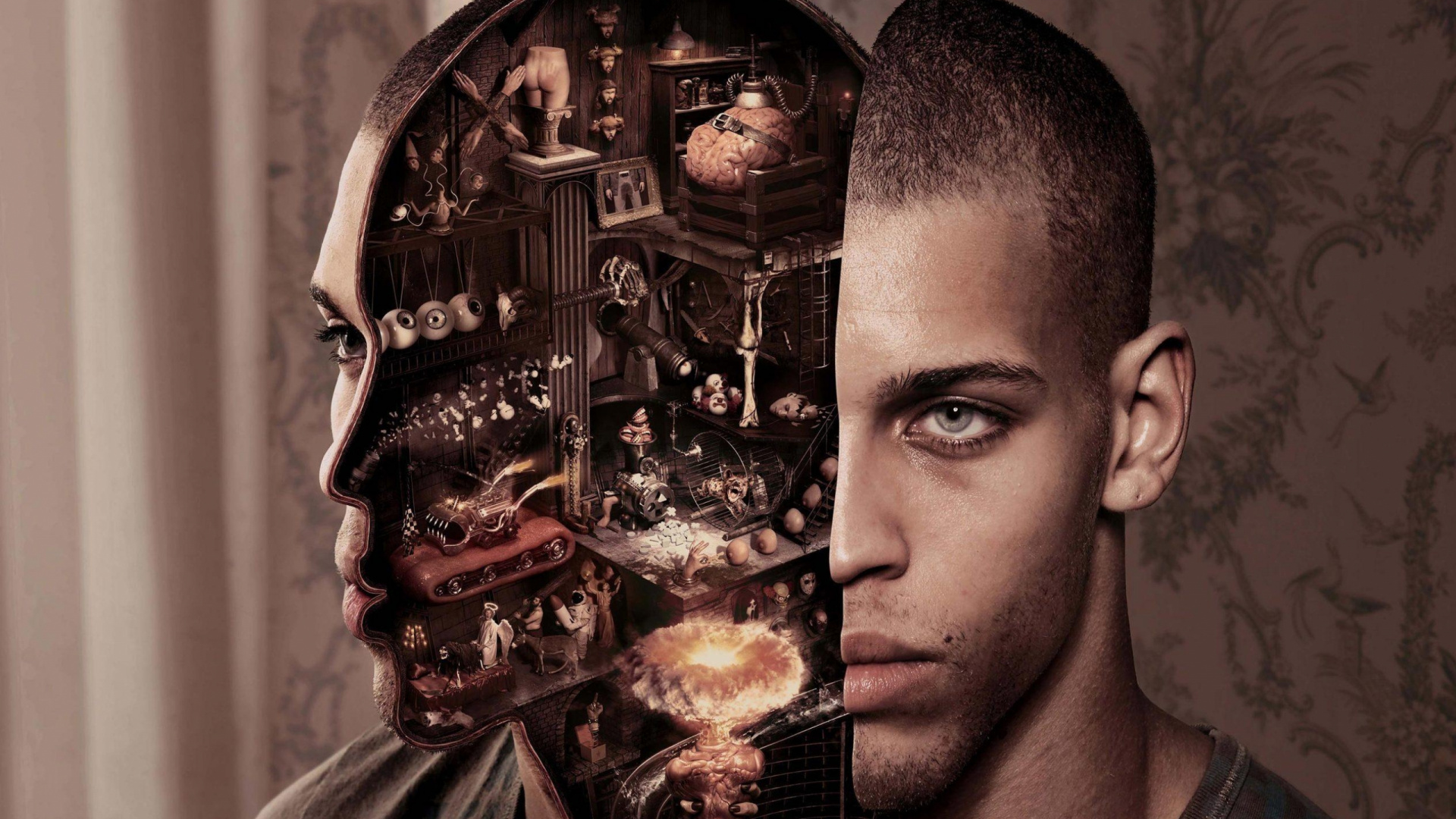 Обои киборг, робот, механизм, голова в разрешении 1920x1080