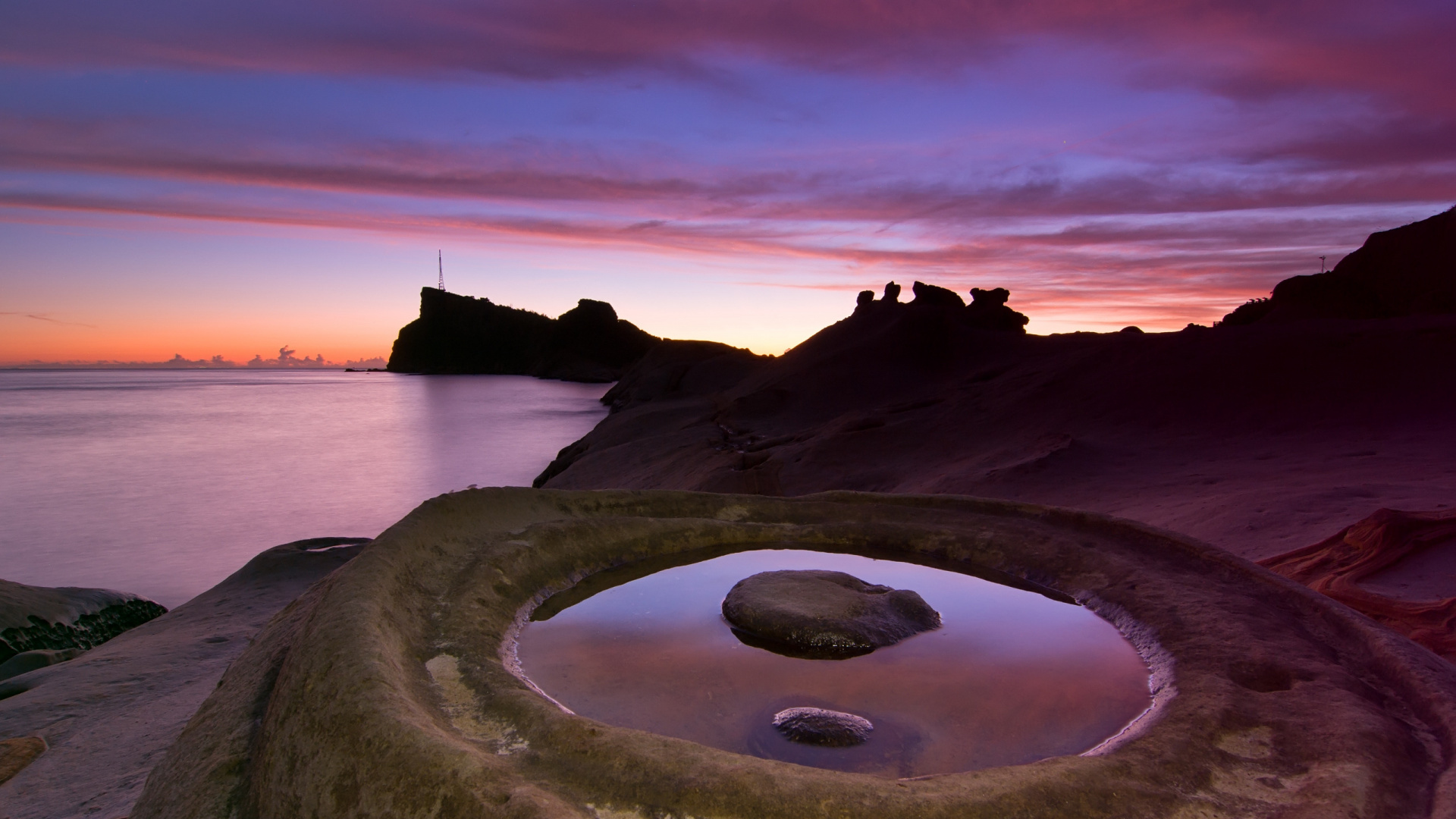 Обои природа, море, закат, рок, горизонт в разрешении 1920x1080