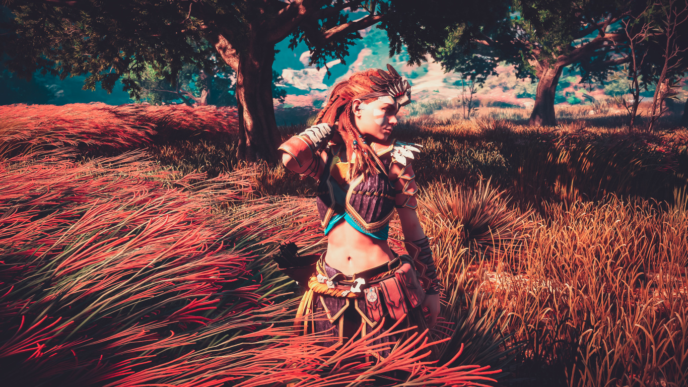 Обои Алой, горизонт ноль рассвета, красота, дерево, рыжие волосы в разрешении 1366x768