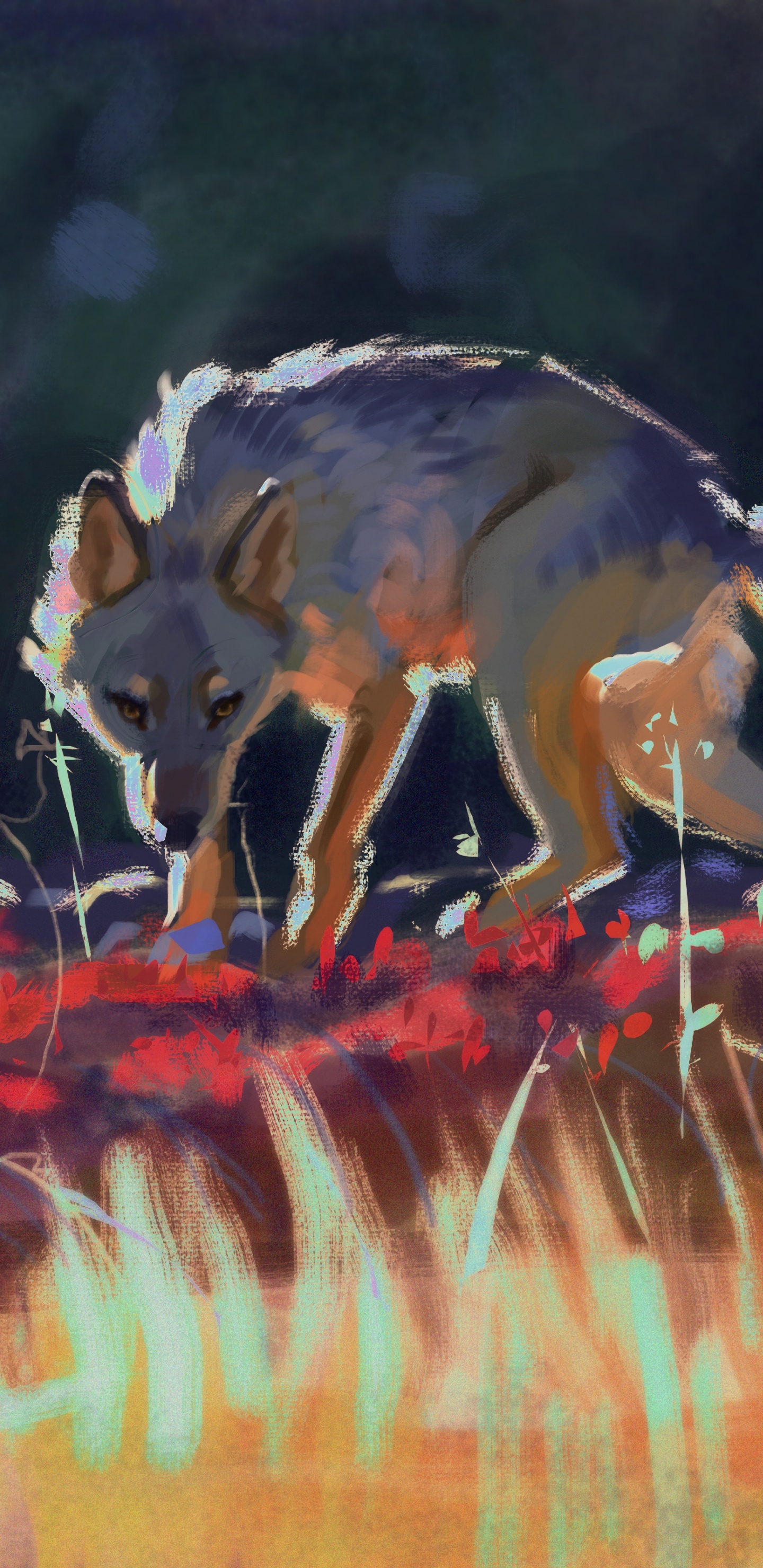 Обои волк, акриловая краска, живопись, арт, живая природа в разрешении 1440x2960