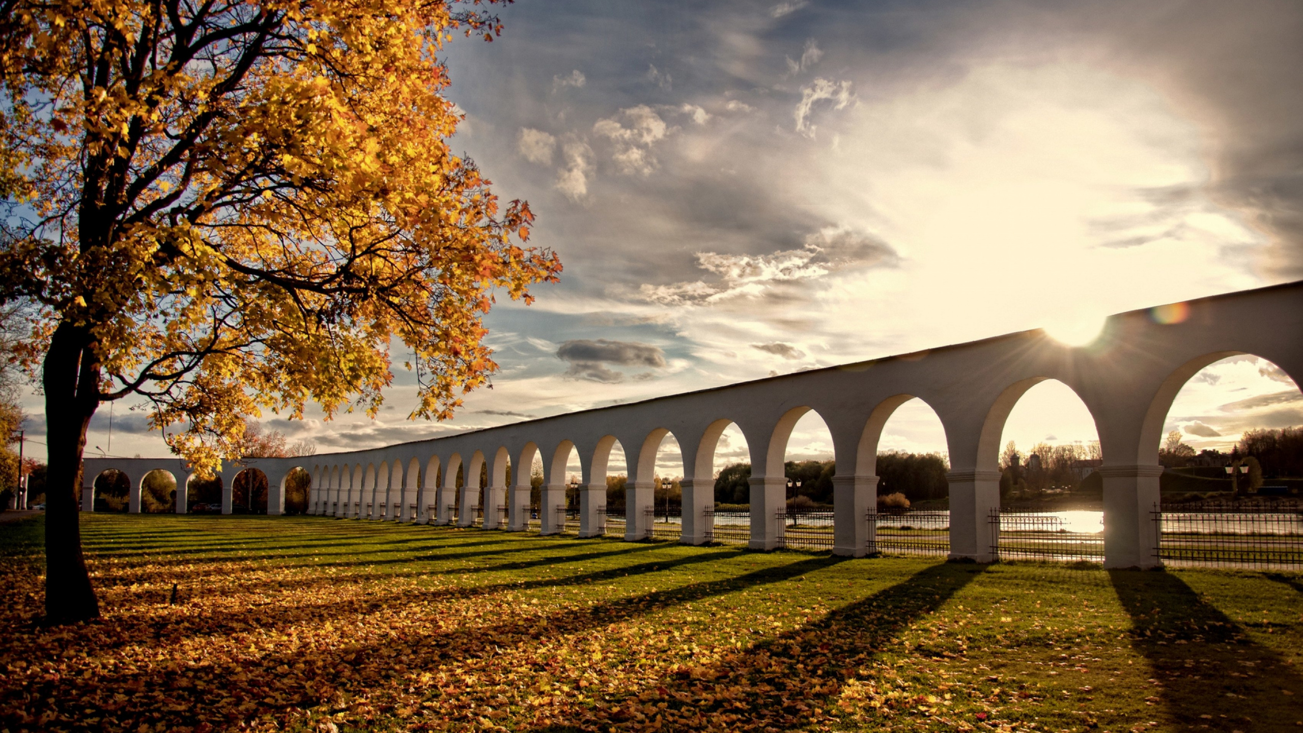 Обои мост, лист, виадук, дерево, осень в разрешении 2560x1440