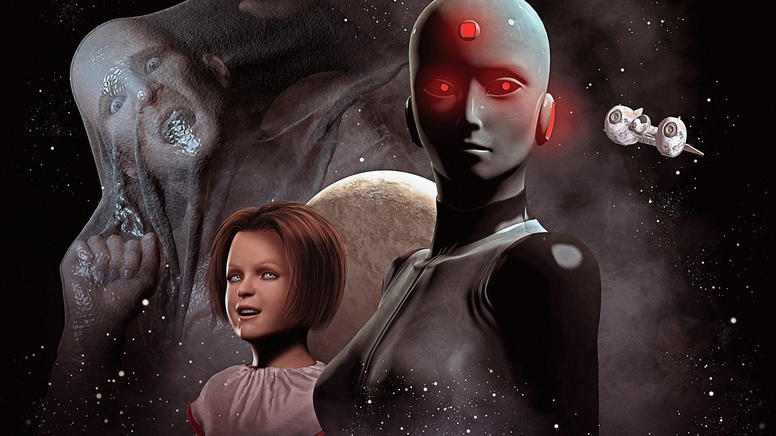 Обои человек, космос, киборг, тьма, пространство в разрешении 2560x1440