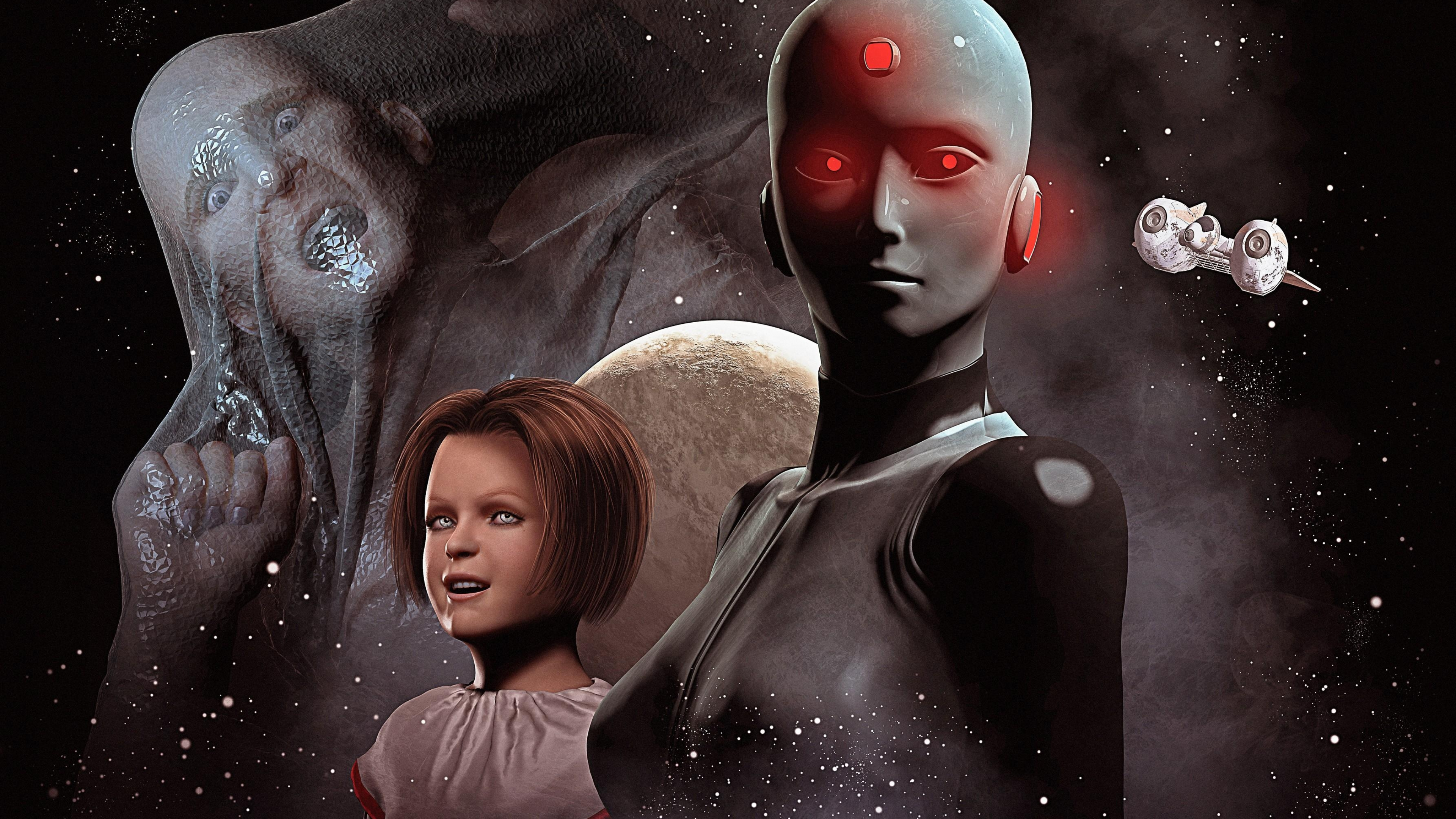 Обои человек, космос, киборг, тьма, пространство в разрешении 3840x2160