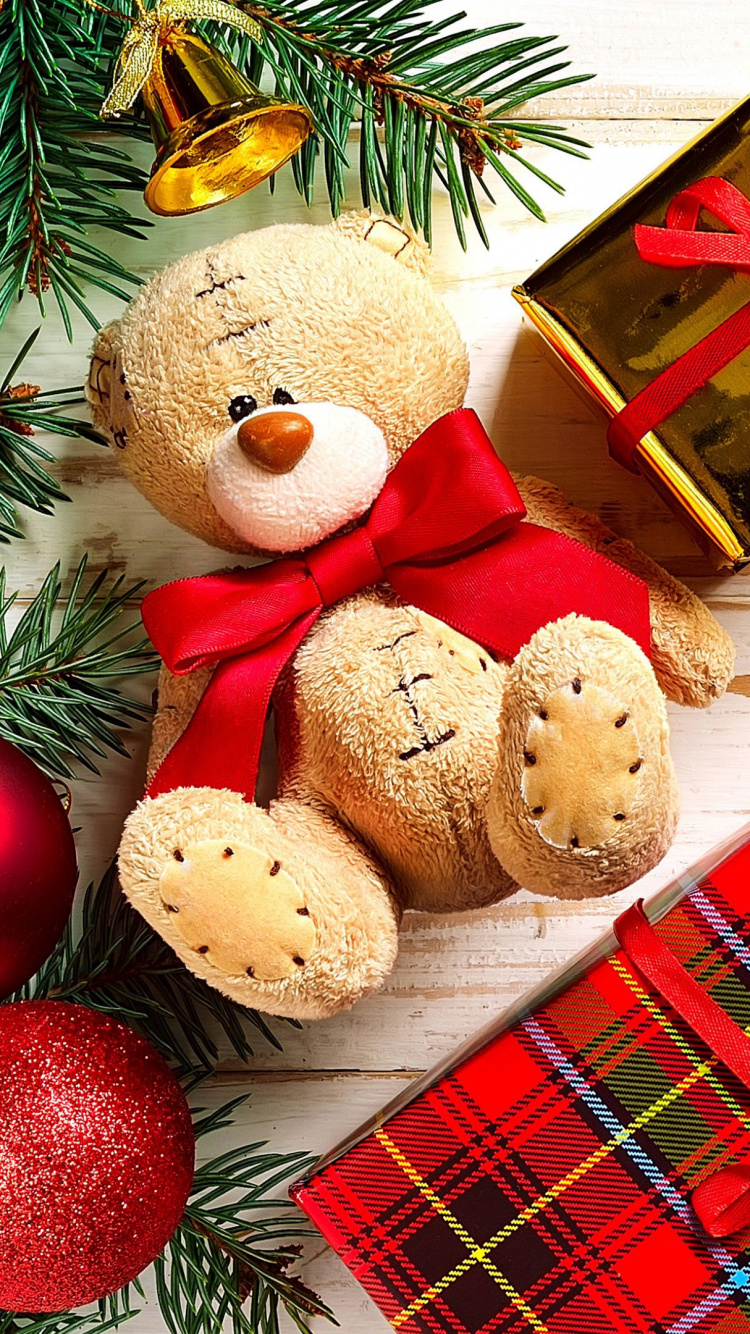 Обои Рождественский день, подарок, плюшевый мишка, Рождественские украшения, рождественский орнамент в разрешении 750x1334