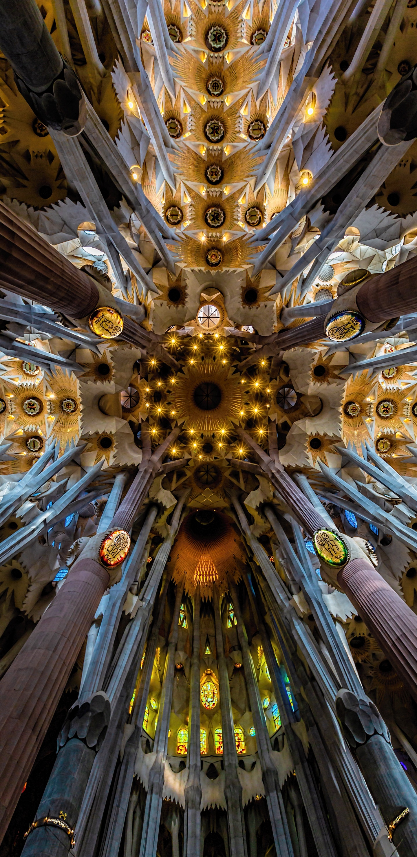 Обои Ла Саграда Фамилиа, архитектура, потолок, ориентир, симметрия в разрешении 1440x2960