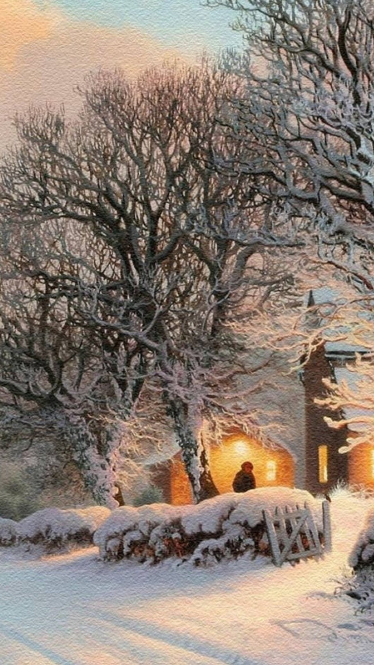 Обои зима, снег, дерево, замораживание, акварельные краски в разрешении 750x1334