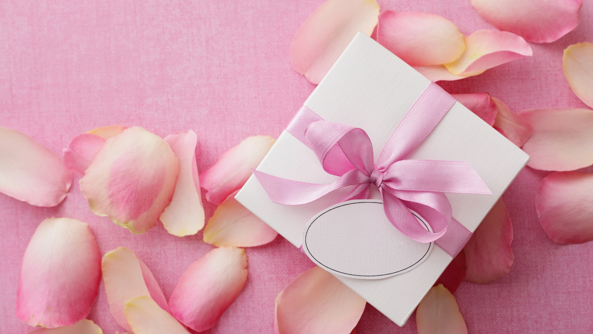 Обои подарок, День Святого Валентина, лента, розовый, лепесток в разрешении 1920x1080