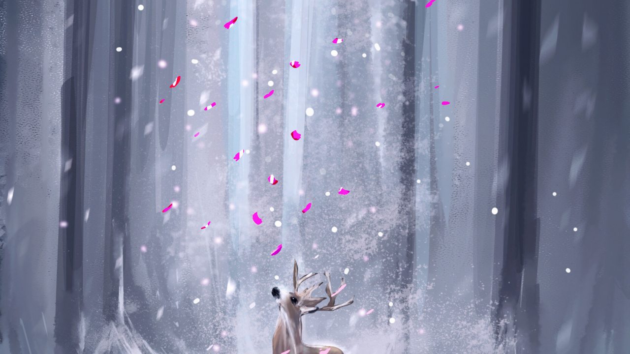 Обои пурпур, олененок, дерево, замораживание, живая природа в разрешении 1280x720