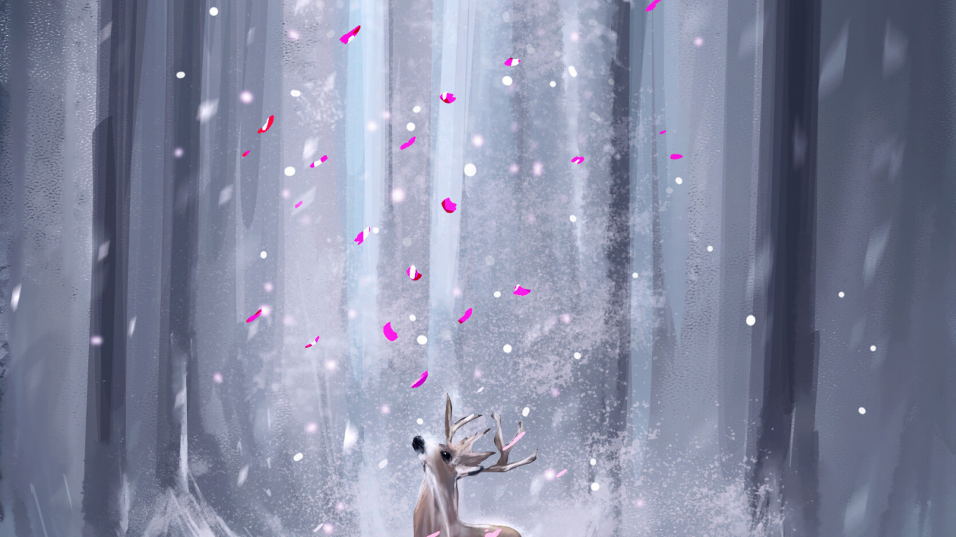 Обои пурпур, олененок, дерево, замораживание, живая природа в разрешении 1366x768