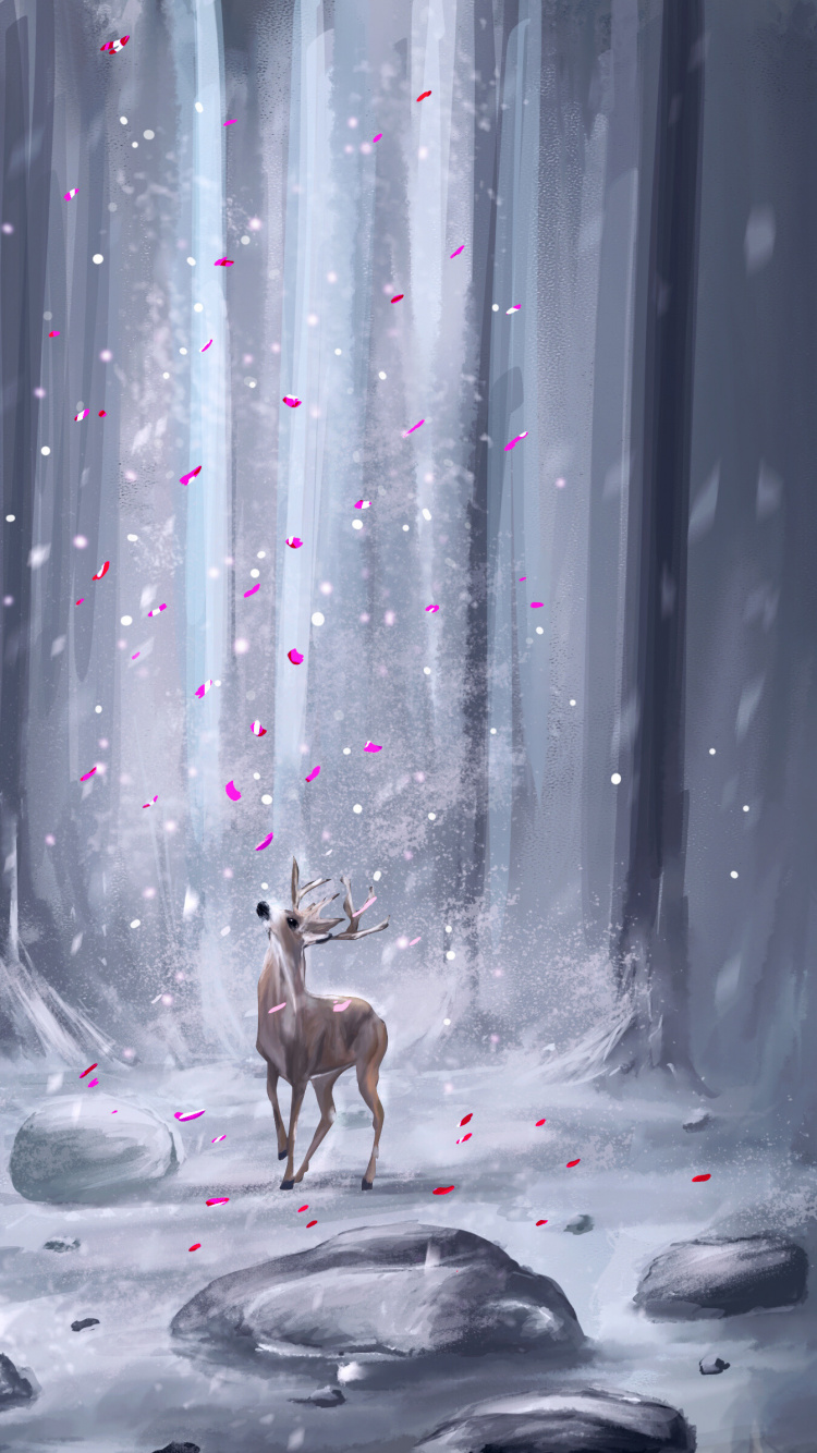 Обои пурпур, олененок, дерево, замораживание, живая природа в разрешении 750x1334