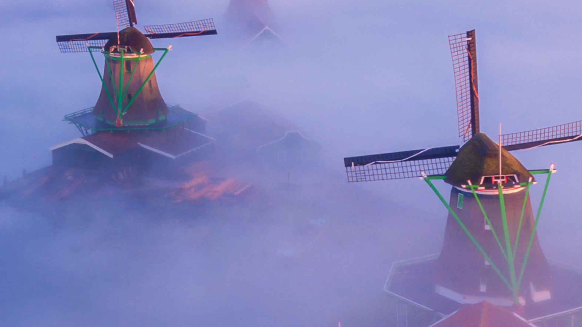 Обои вода, ветряная мельница, Заансе Сханс, атмосфера, дымка в разрешении 1920x1080