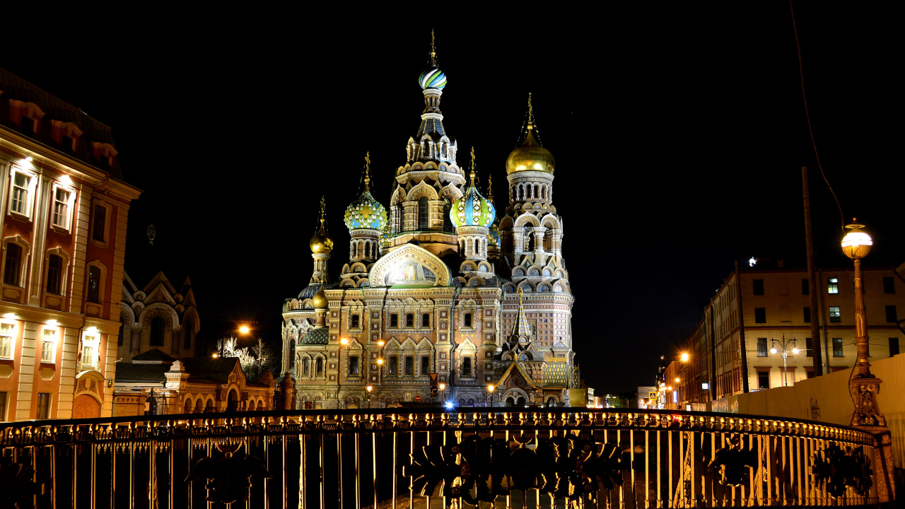 Обои Церковь Спаса на Крови, собор, ночь, ориентир, город в разрешении 1280x720