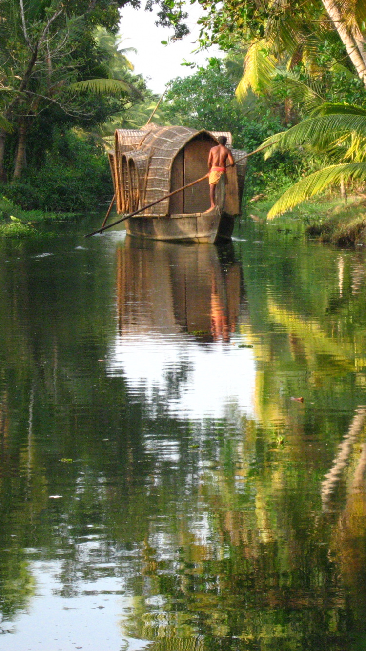 Обои Заводям Кералы, коти, Алаппужа, отражение, растительность в разрешении 750x1334