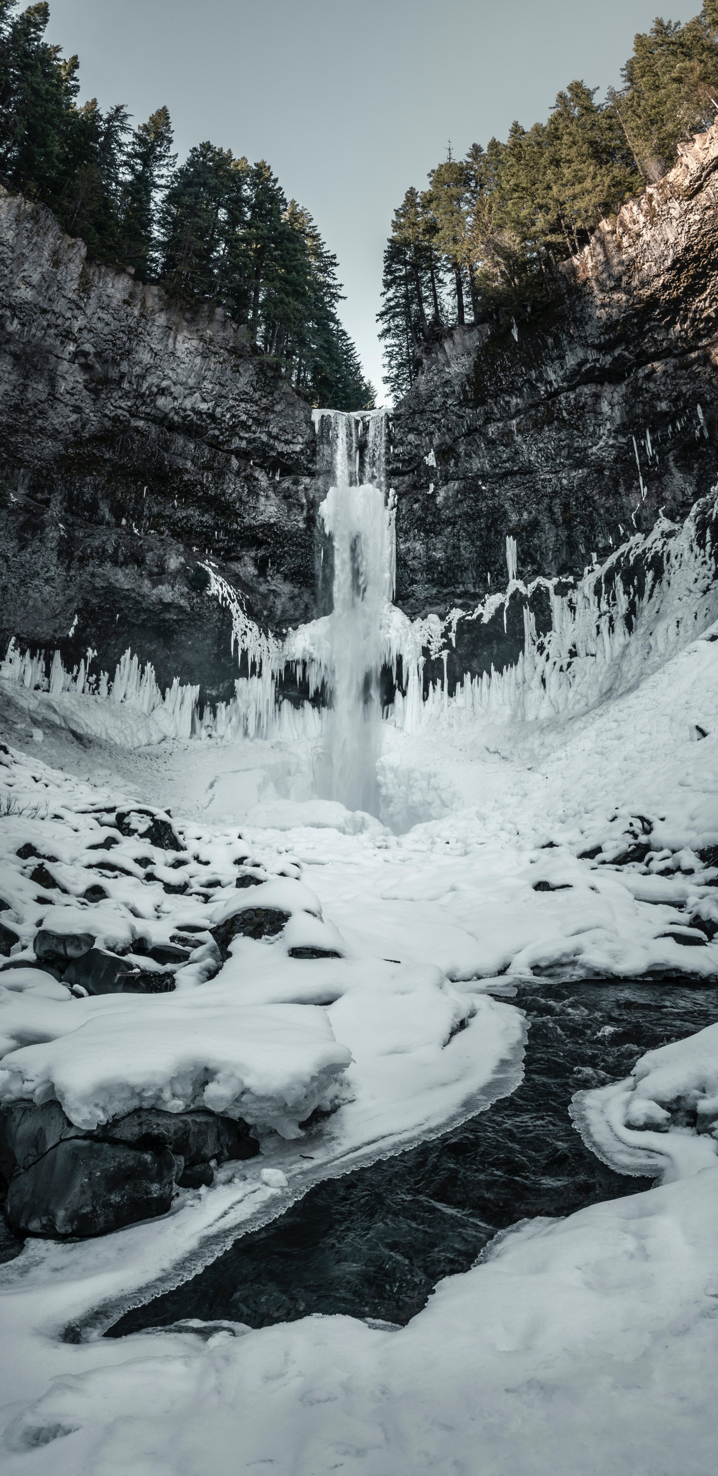 Обои водопад, природа, вода, зима, снег в разрешении 1440x2960