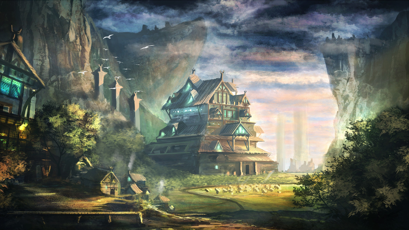 Обои живопись, арт, пейзаж, акварельные краски, здание в разрешении 1366x768