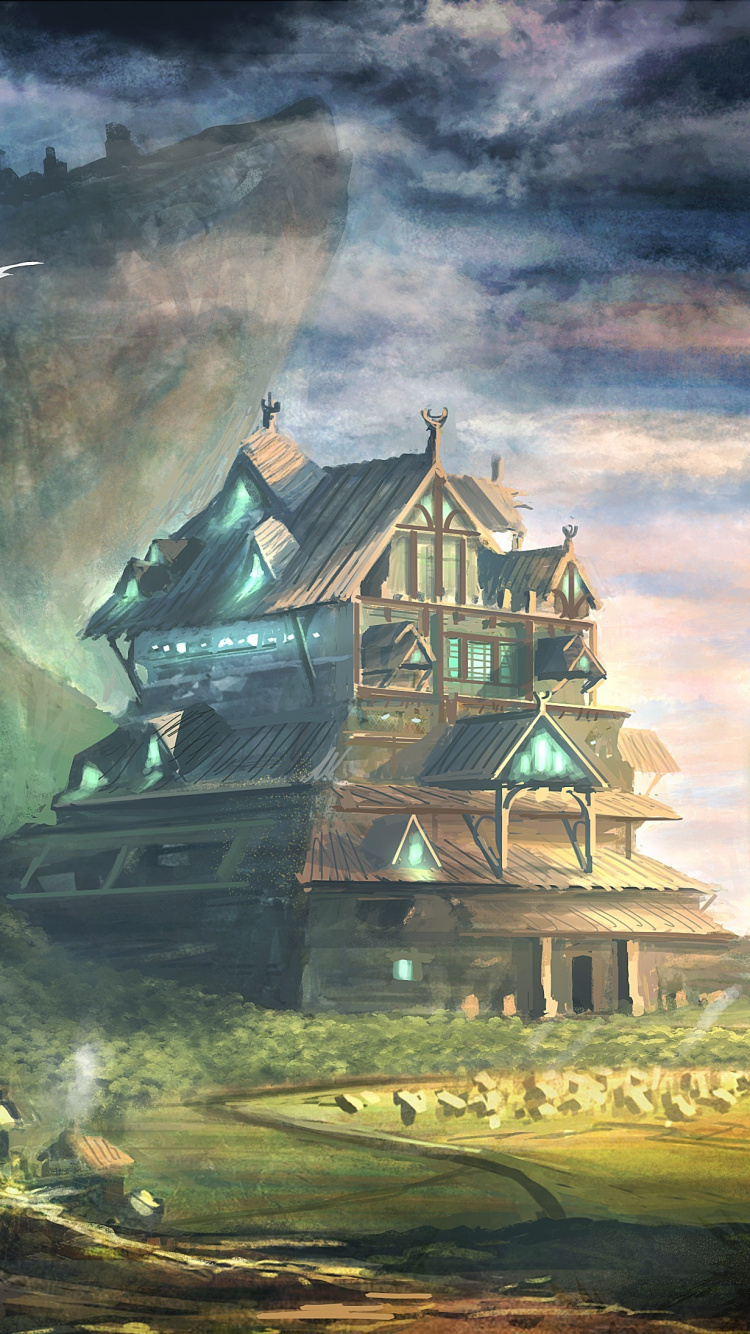 Обои живопись, арт, пейзаж, акварельные краски, здание в разрешении 750x1334