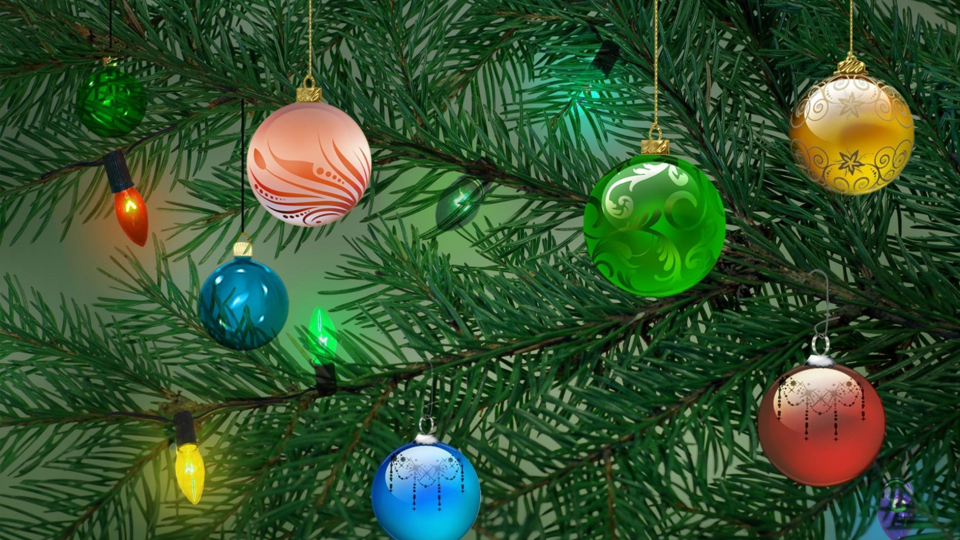Обои Рождественские украшения, елка, гирлянда, ветвь, Рождество в разрешении 1920x1080