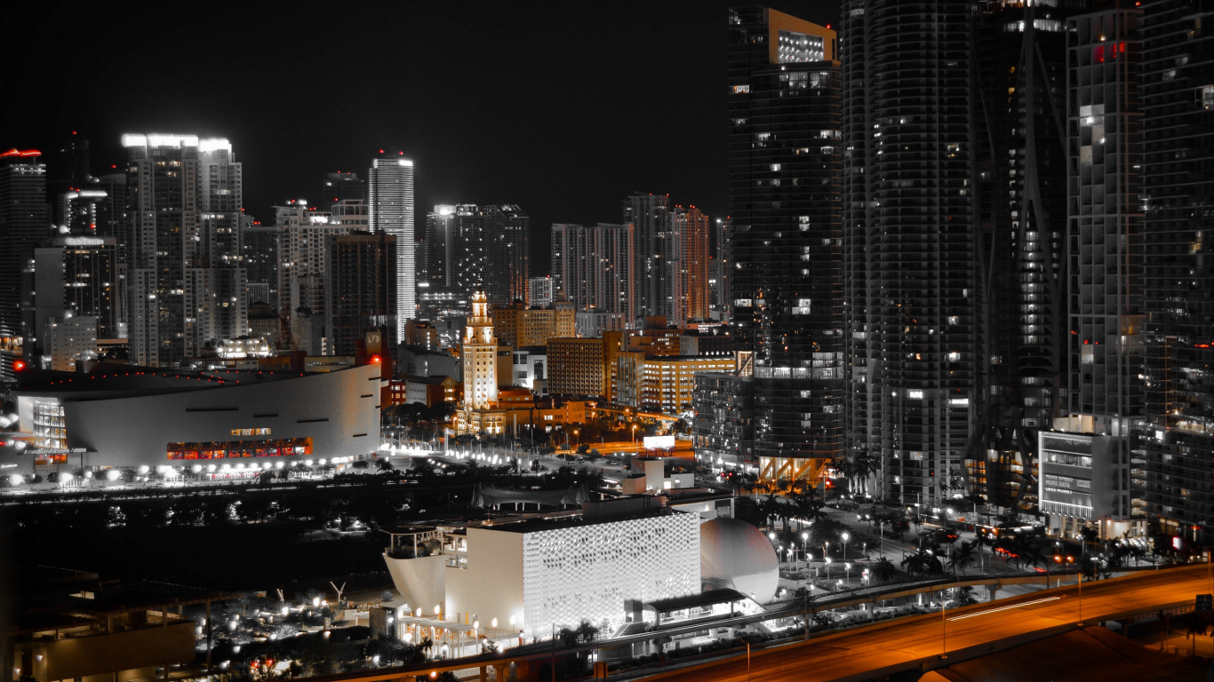 Обои Майами, ночь, небоскреб, городской пейзаж, город в разрешении 1366x768