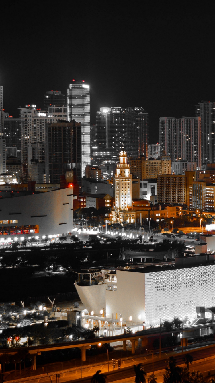 Обои Майами, ночь, небоскреб, городской пейзаж, город в разрешении 750x1334