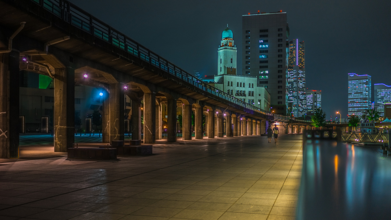 Обои небоскреб, ночь, горизонт, городской пейзаж, линия горизонта в разрешении 1366x768