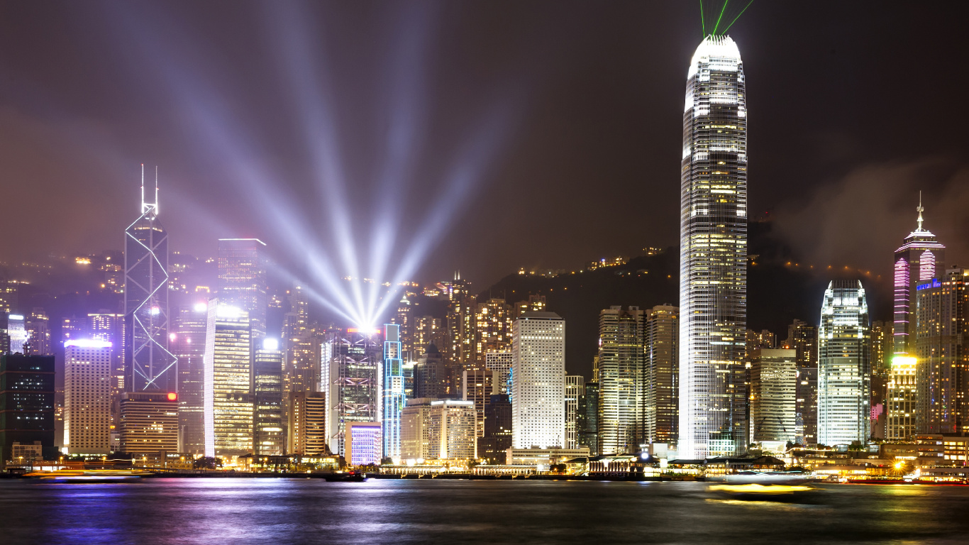 Обои Гавань Виктория, ночь, городской пейзаж, город, метрополия в разрешении 1366x768