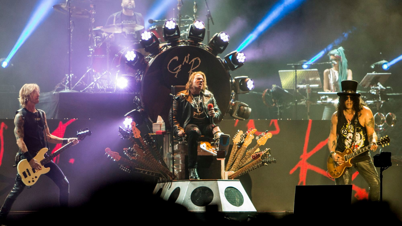 Обои рокконцерт, Guns N Roses, гитара, музыкант, музыкальный ансамбль в разрешении 1366x768