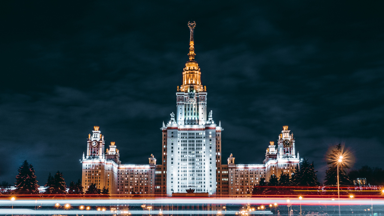 Обои Московский государственный университет, ориентир, ночь, город, городской район в разрешении 1280x720