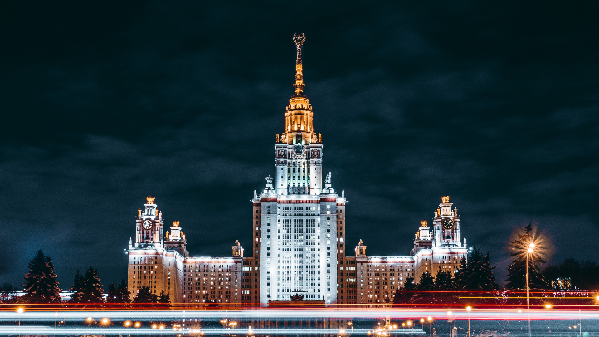Обои Московский государственный университет, ориентир, ночь, город, городской район в разрешении 1920x1080